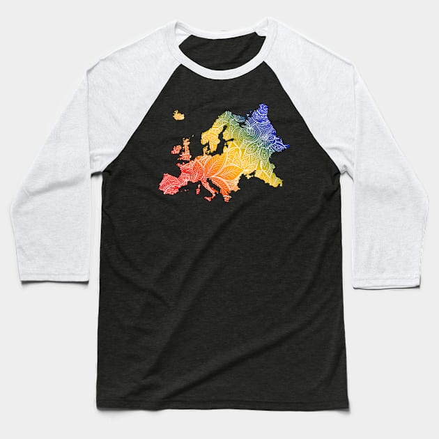 Colorful mandala art map of Europe with text in blue, yellow, and red Baseball T-Shirt by Happy Citizen